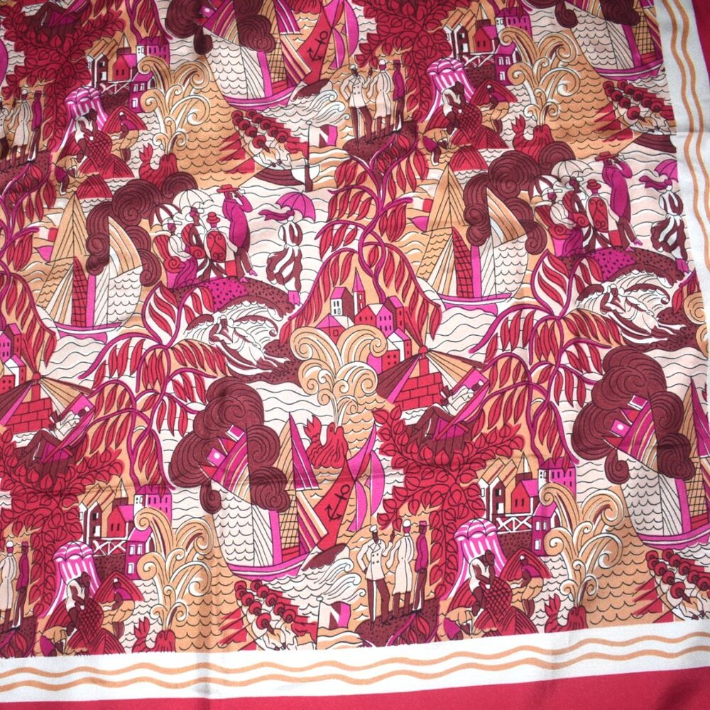 Brochier Soieries Silk Scarf Art Print France Dufy Deauville Red Brown Magenta